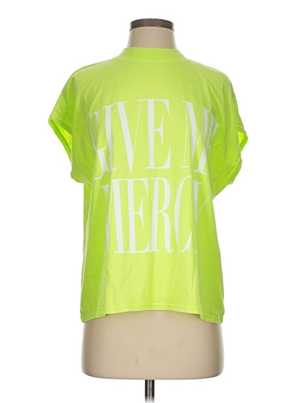 ⁠Essentiel Antwerp Dalhas Oversized Graphic Tee Neon Yellow Fluo 'GIVE ME MERCY'